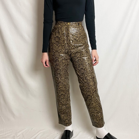 Escada Pants - vintage escada brown snake print embossed leather high waisted trousers pants